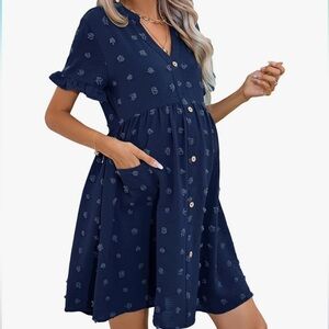 Womens Maternity Dress Summer Sleeveless Smocked Square Neck Ruffle Casual Boho